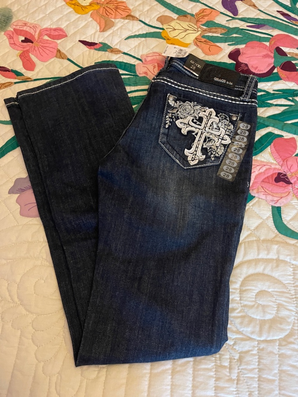 Grace in LA Dark Blue Skinny Jeans with Embroidered Cross Pocket